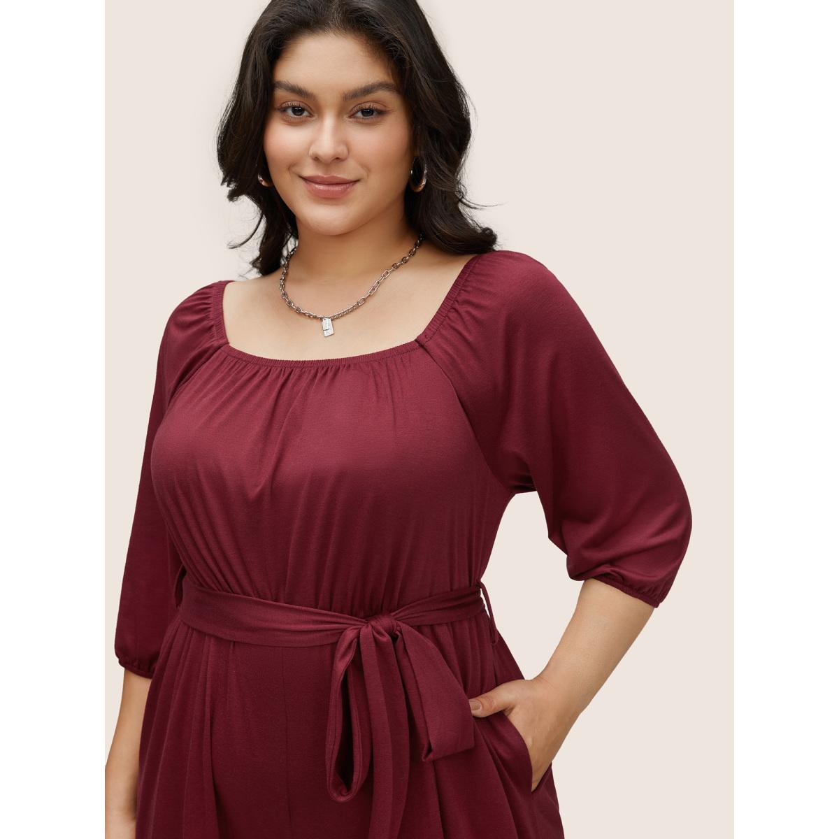 Plus Size Scarlet Supersoft Essentials Plain Belted Gathered Jumpsuit Women Casual Elbow-length sleeve Square Neck Everyday Loose Jumpsuits BloomChic 18-20/2X Product Image