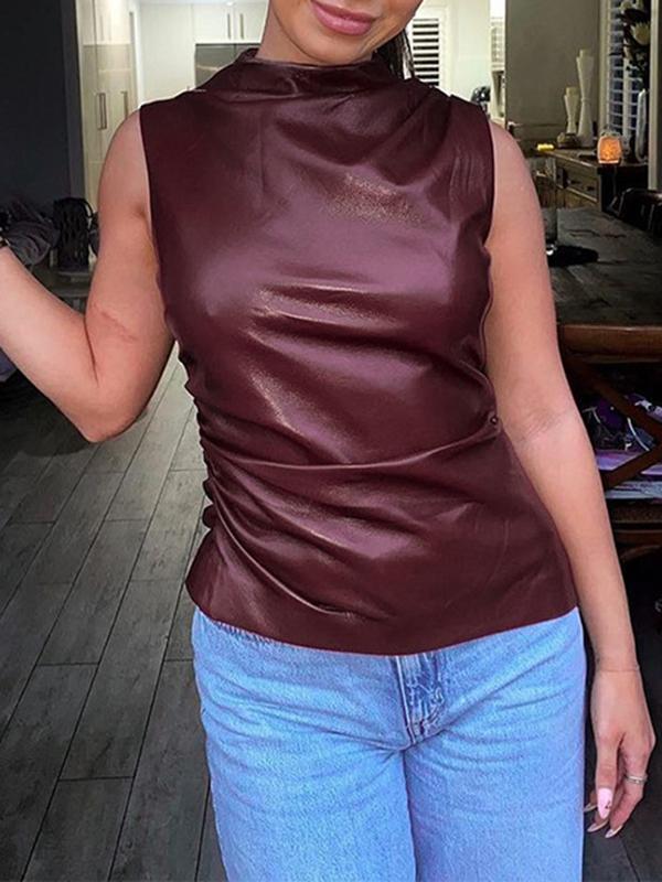 Skinny Sleeveless Asymmetric Pleated Solid Color Mock Neck Vest Top Product Image