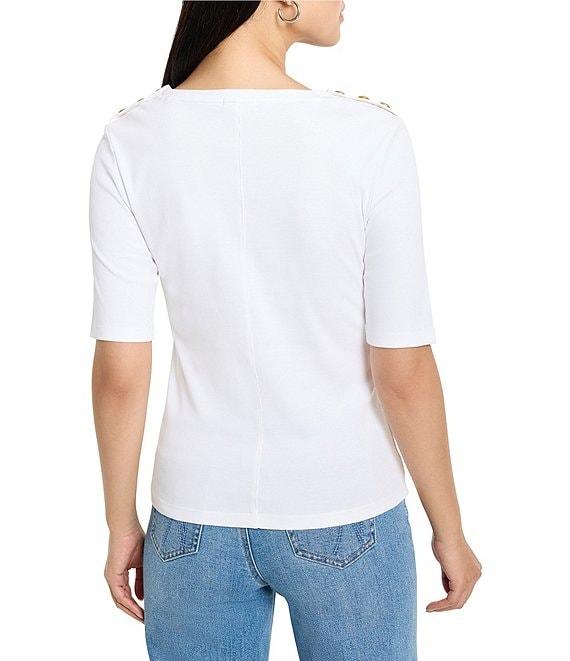 NIC + ZOE Knit V-Neck Elbow Sleeve Button Shoulder Top Product Image