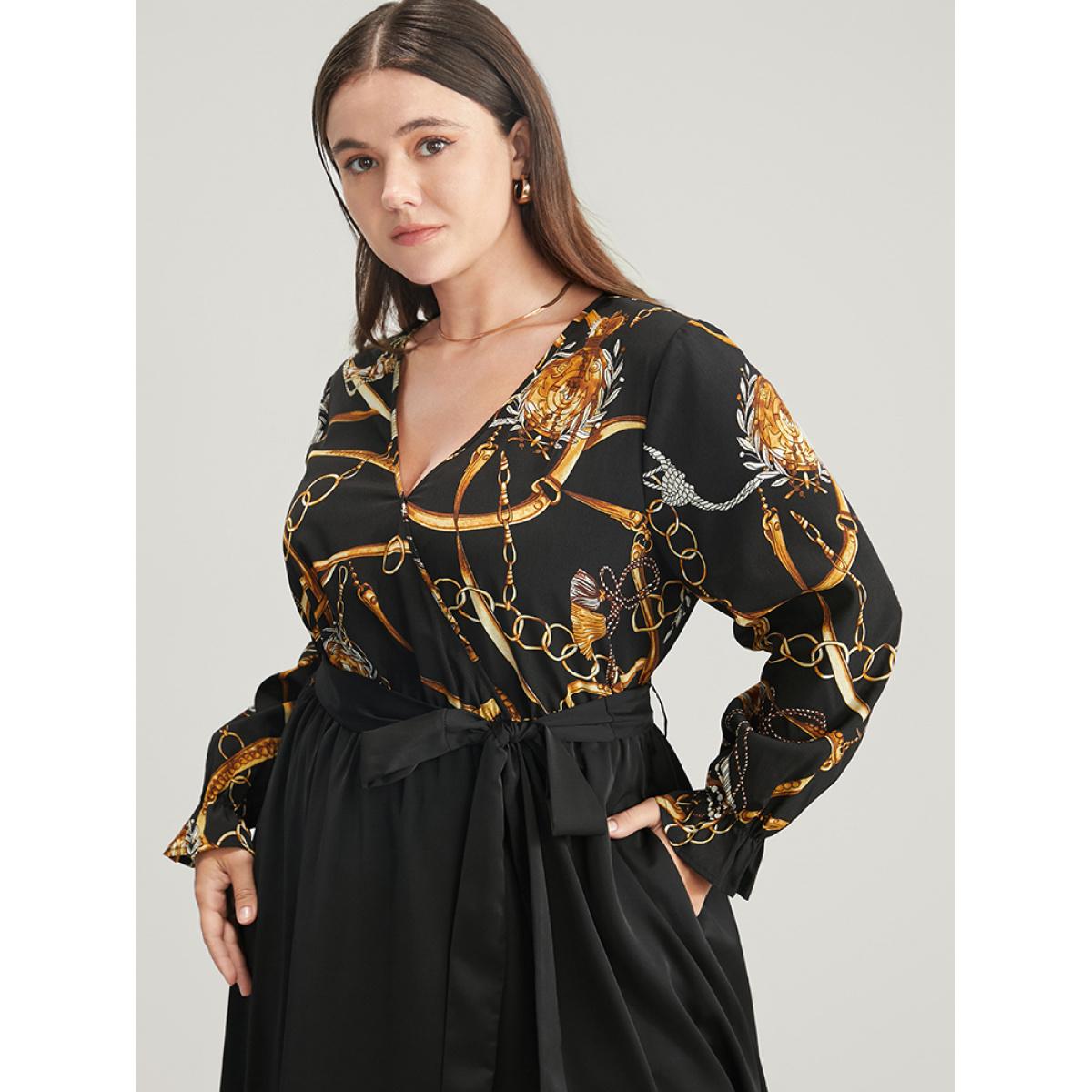 Plus Size Chain Print V Neck Pocket Lantern Sleeve Belted Split Dress Black Women Elegant Pocket V-neck Long Sleeve Curvy Midi Dress BloomChic 28/5X Product Image