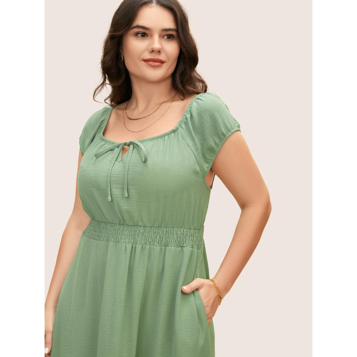 Plus Size Guipure Lace Tie Knot Raglan Sleeve Dress Palemauve Women Elegant Woven ribbon&lace trim Square Neck Cap Sleeve Curvy BloomChic 14-16/1X Product Image