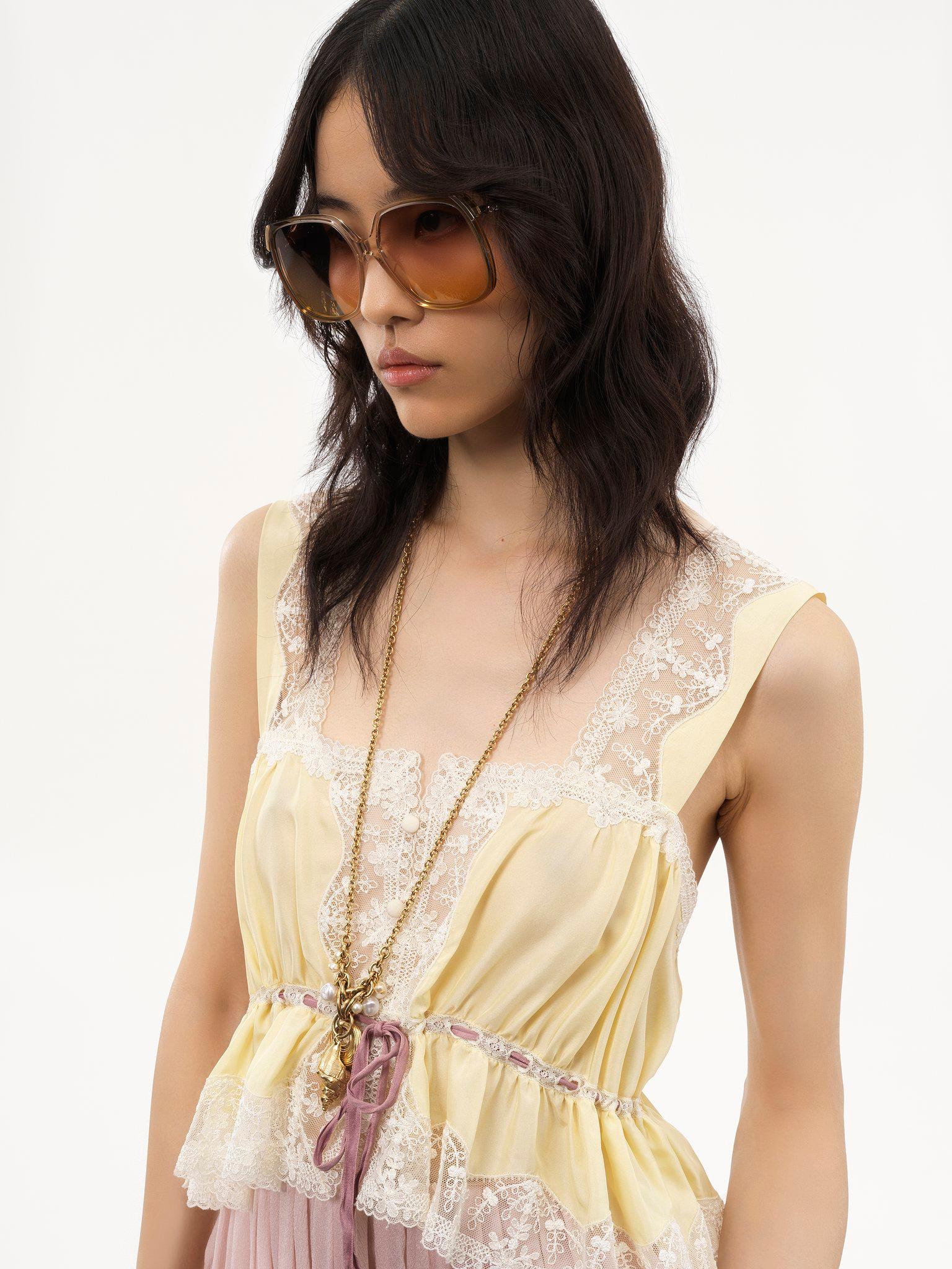 Square-neck cropped top in silk habotai & lace Product Image