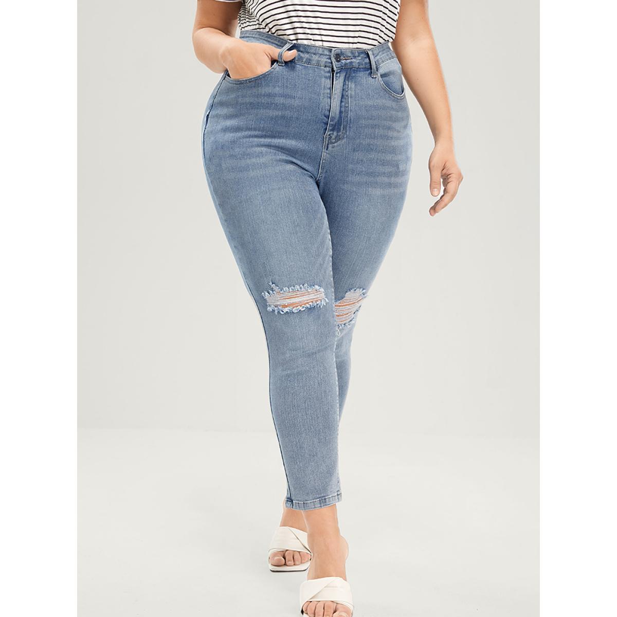 Plus Size Skinny Very Stretchy Mid Rise Light Wash Distressed Jeans Women Blue Casual Plain Distressed High stretch Pocket Jeans BloomChic 22/3X Product Image