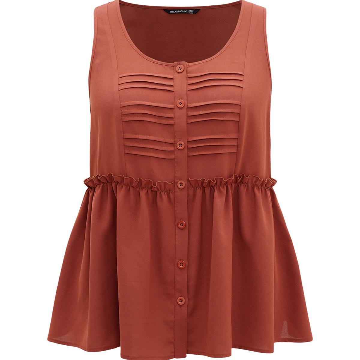 Plus Size Solid Button Up Pleated Frill Trim Tank Top Women Rust Elegant Plain Open Front Dailywear Tank Tops Camis BloomChic 22-24/3X Product Image