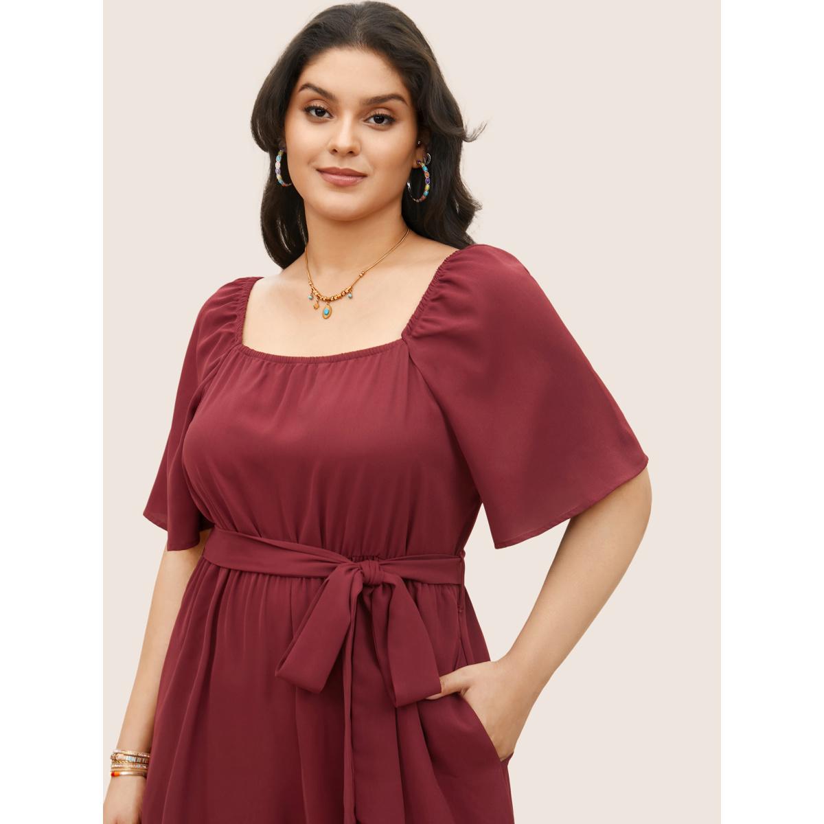 Plus Size Burgundy Bandana Print Gathered Belted Square Neck Jumpsuit Women Resort Short sleeve Square Neck Vacation Loose Jumpsuits BloomChic 28/5X Product Image