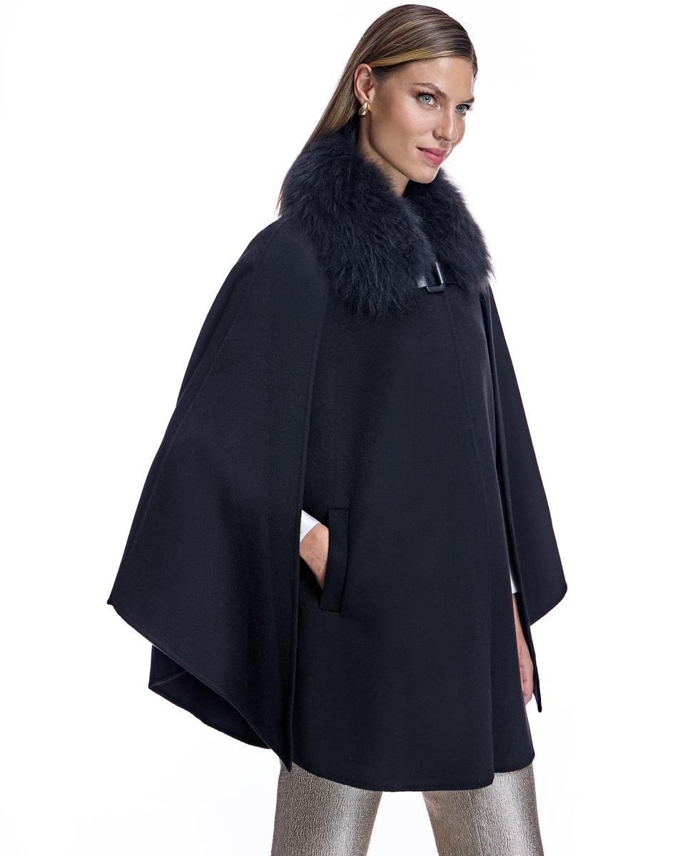 Julia & Stella by Maximilian Buckle Detailed Cashmere Cape with Dyed Cashmere Goat Trim-Maximilian Product Image