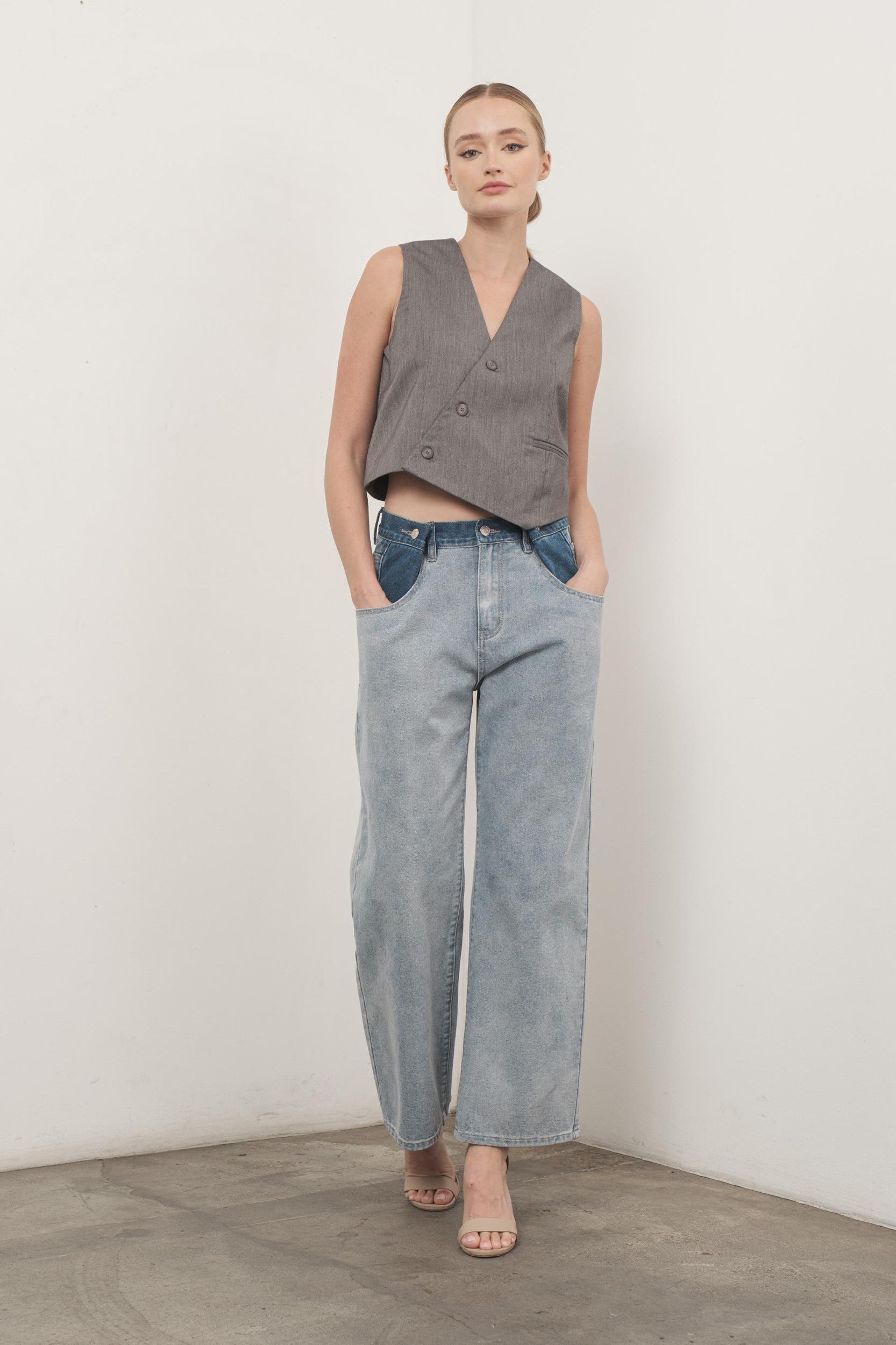 Color Block Denim Pants Product Image