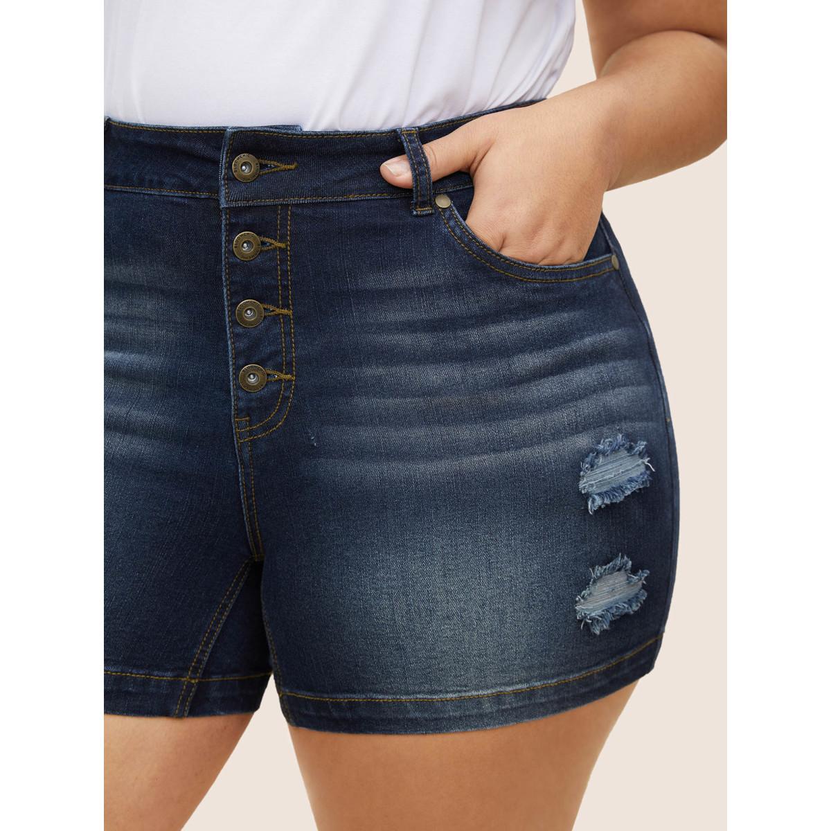 Plus Size Dark Wash Button Up Distressed Denim Shorts Women Midnight Distressed High stretch Everyday Slanted pocket Casual Denim Shorts BloomChic 20/2X Product Image