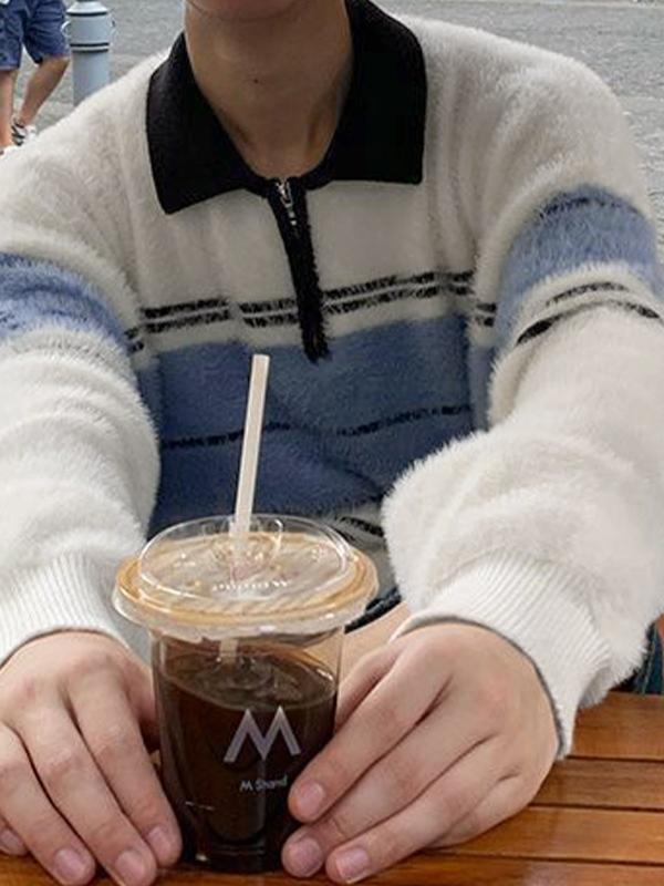 Men's Contrast Striped Lapel Neck Half Zip Sweater Product Image