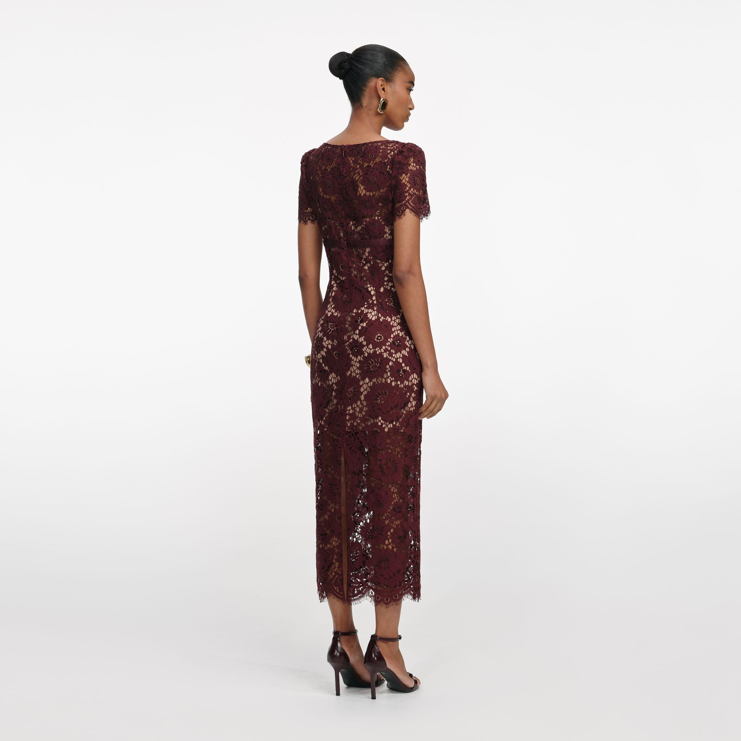 Burgundy Floral Lace Midi Dress Product Image