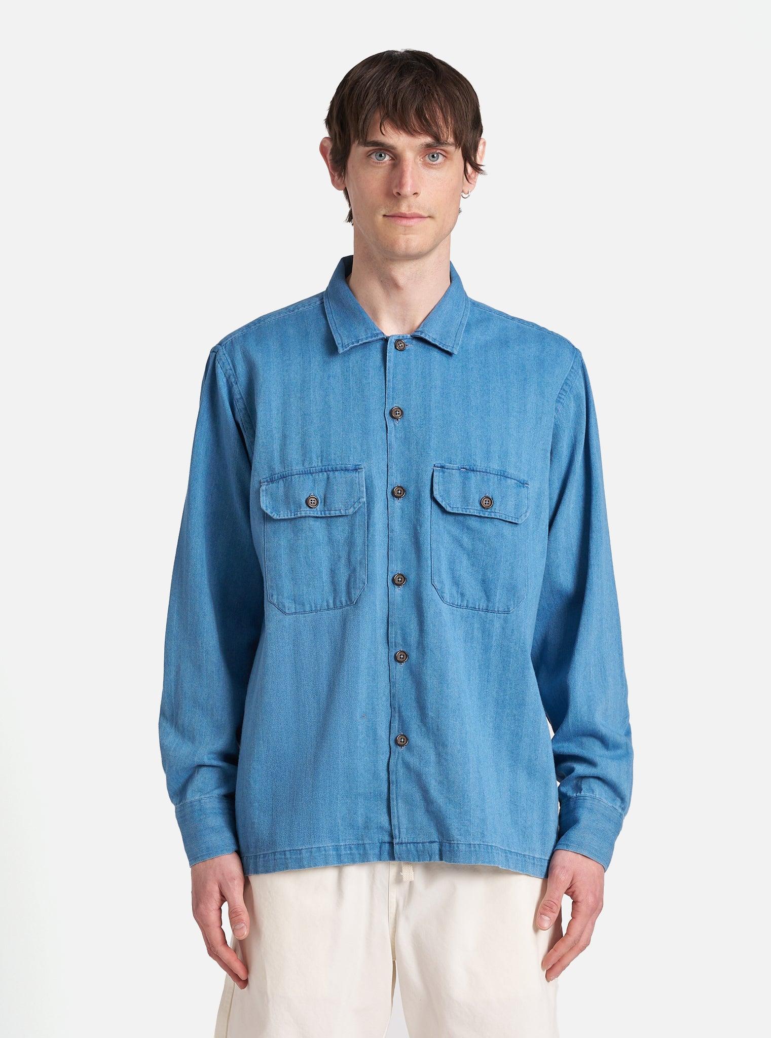 Universal Works L/S Utility Shirt in Washed Indigo Herringbone Denim Product Image