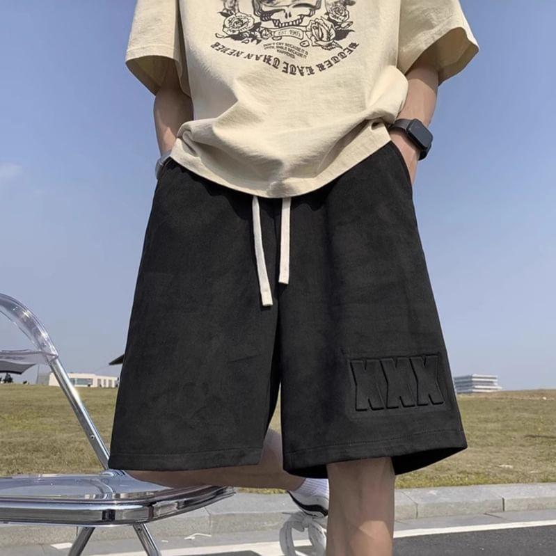 Drawstring Waist Lettering Embossed Faux Suede Wide Leg Sweat Shorts Product Image