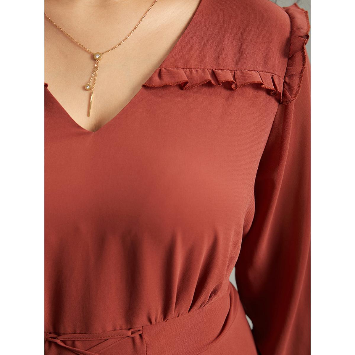 Plus Size Rust Chiffon Lace Up Shirred Frill Trim Blouse Women Office Long Sleeve V-neck Office Blouses BloomChic 18-20/2X Product Image