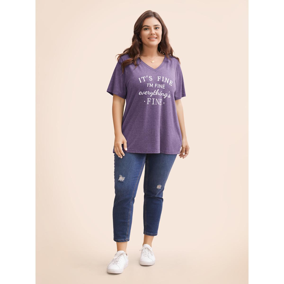 Plus Size Letter Print V Neck T-shirt Mauve Women Leisure Positive slogan Casual T-shirts BloomChic 10/M Product Image