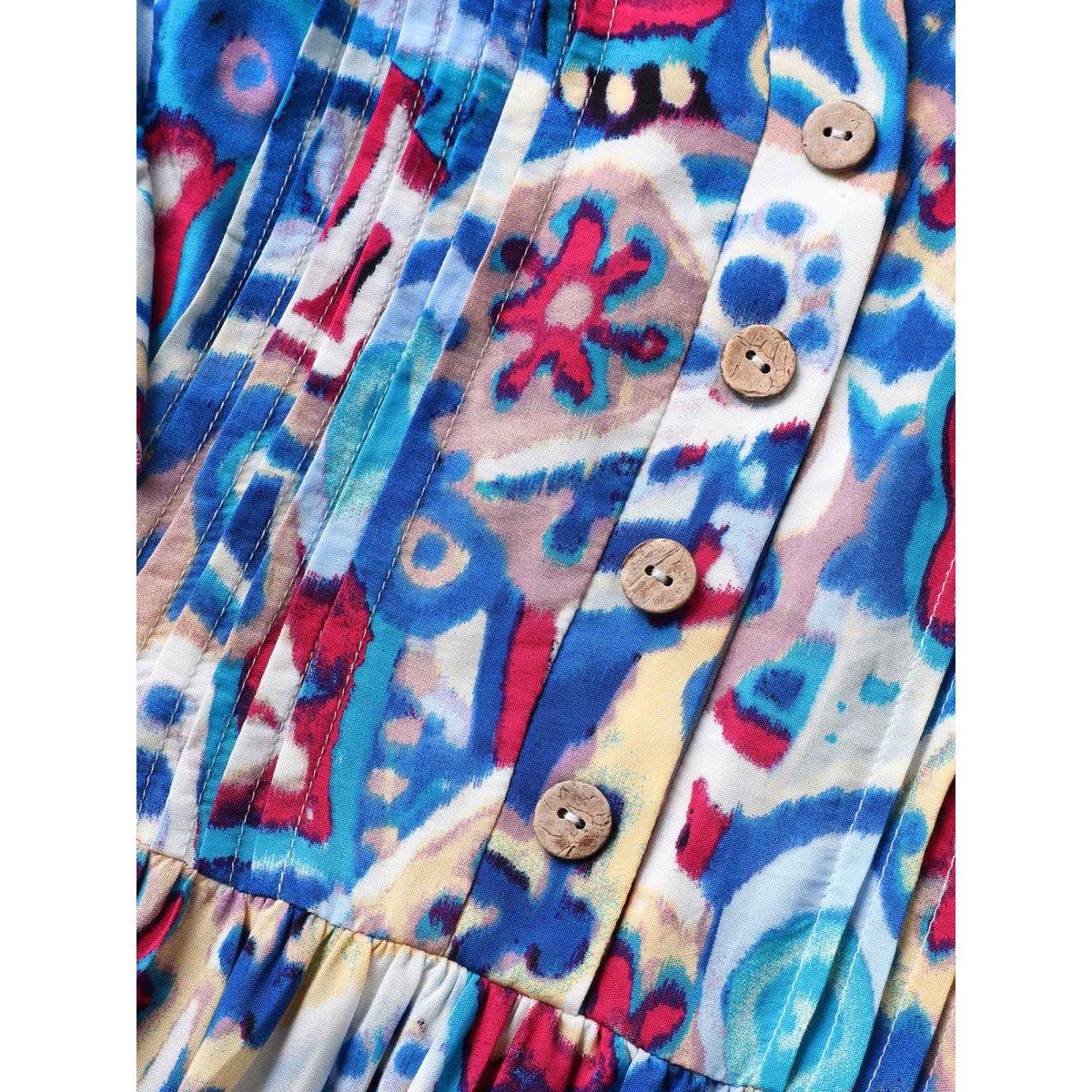 Plus Size Boho Print Pleated Ruffle Sleeve Dress Blue Women Resort Ruffles Notched collar Cap Sleeve Curvy BloomChic 10/M Product Image