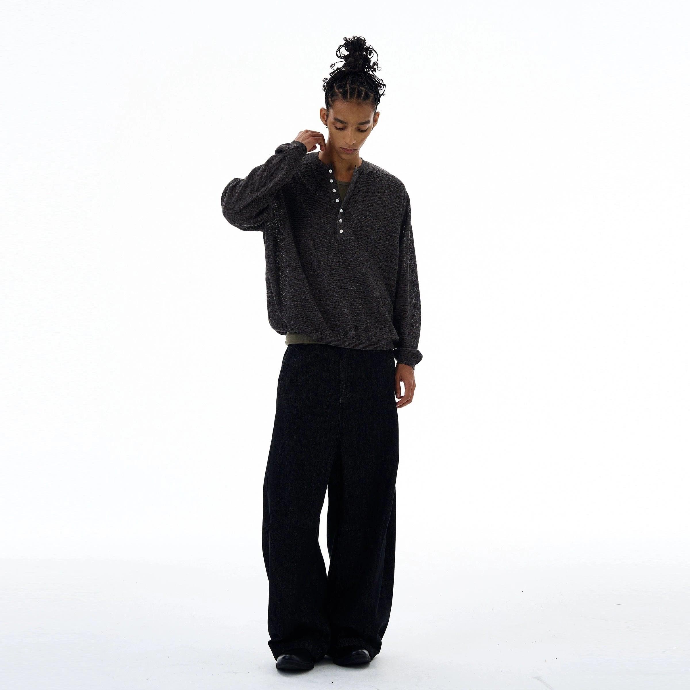 RT No. 19526 HOLLOW KNIT HALF BUTTON-UP SWEATER Product Image