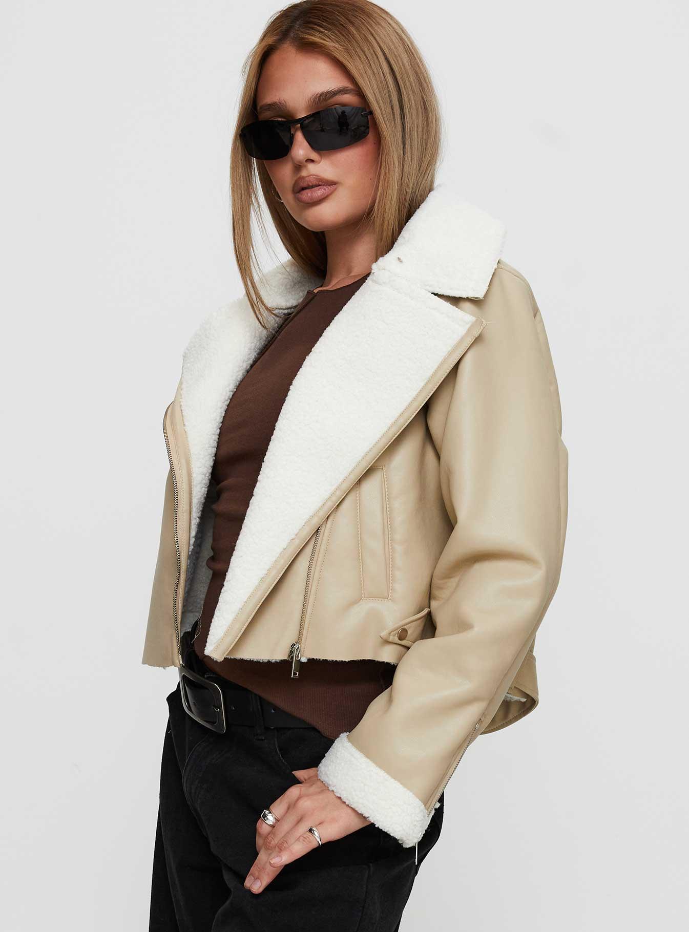 Shearling Trim Faux Leather Jacket Beige Product Image