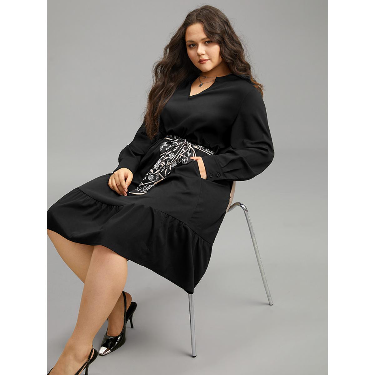 Plus Size Anti-Wrinkle Floral Print Belted Notched Dress Black Women At the Office Plain Notched collar Long Sleeve Curvy Knee Dress BloomChic 18-20/2X Product Image