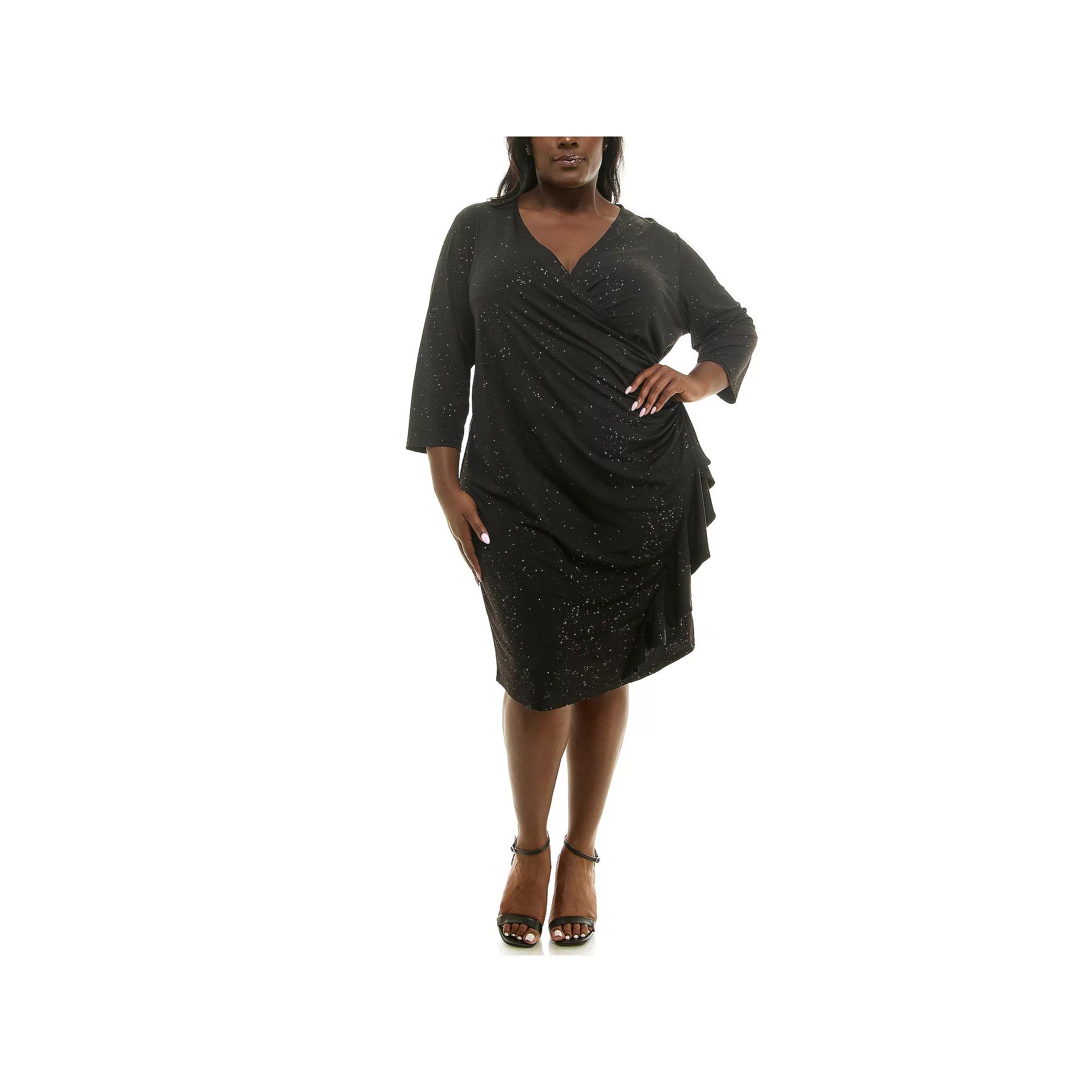Plus Size Nina Leonard Wrap Ruffle Dress, Women's, Size: 2XL, Black Team Product Image