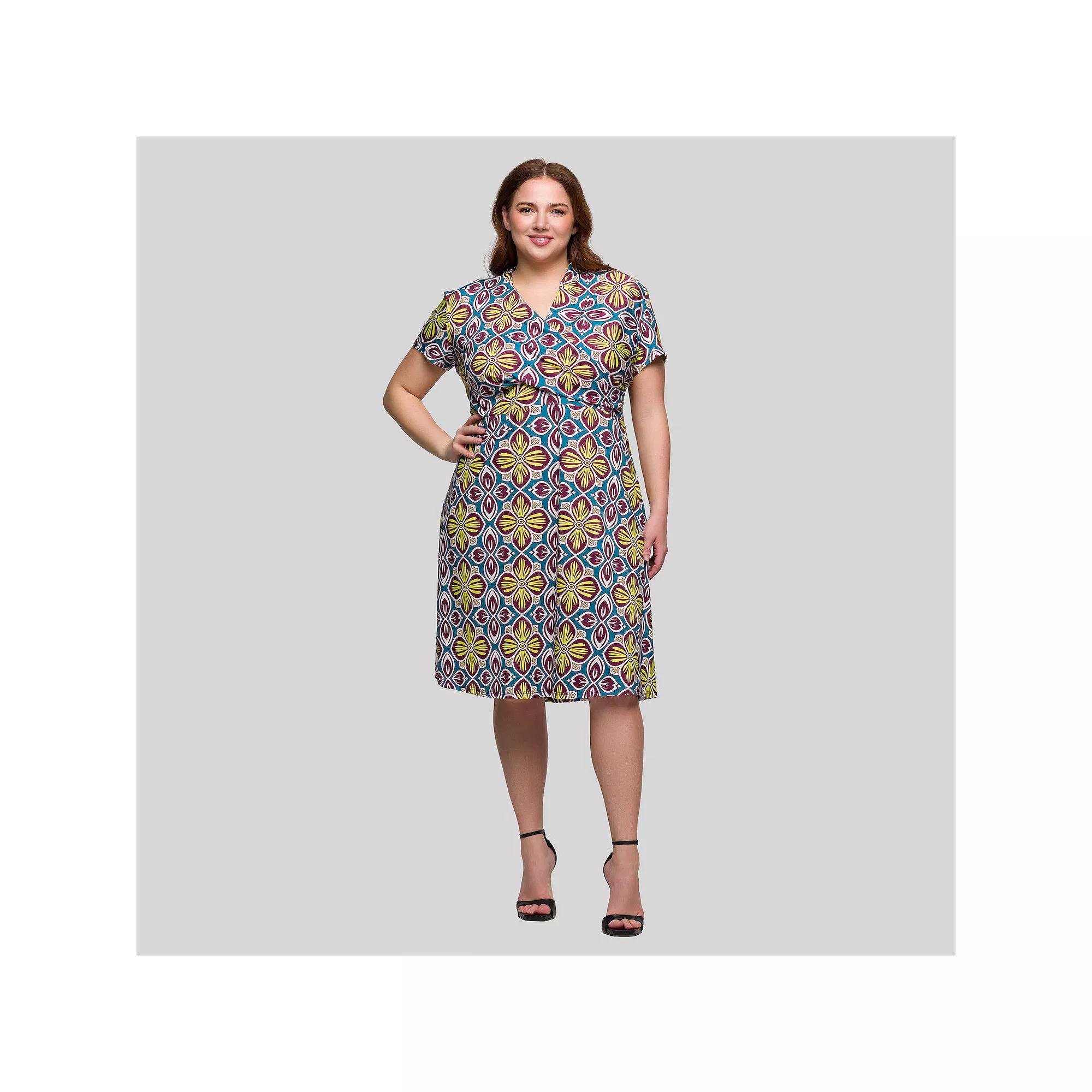 Plus Size 24Seven Comfort Apparel Floral Print Short Sleeve Knee Length Wrap Dress, Women's, Size: 2XL, Yellow Team Product Image