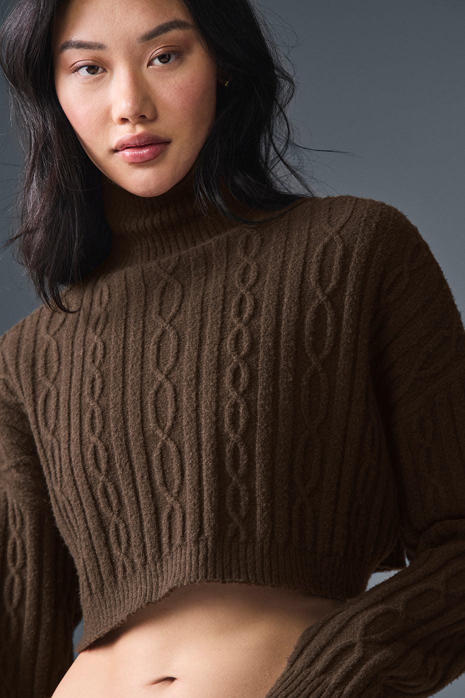 Cable Knit Cropped Winter Bliss Turtleneck Long Sleeve - Espresso Female Product Image