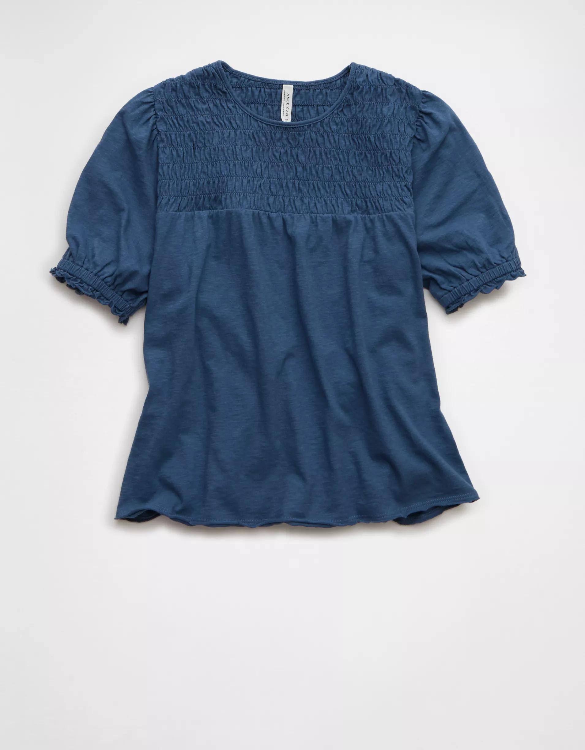 AE Sunchaser High Neck Puff Sleeve Smocked T-Shirt Product Image