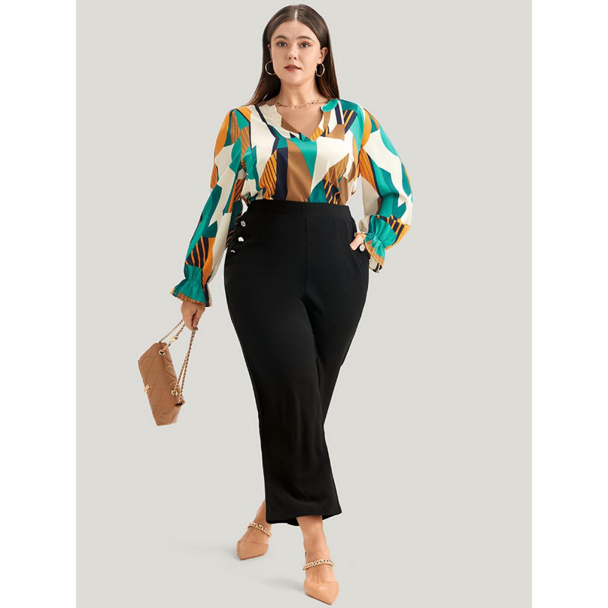 Plus Size Multicolor Geometric Print V Neck Blouse Women Office Long Sleeve V-neck Work Blouses BloomChic 22-24/3X Product Image