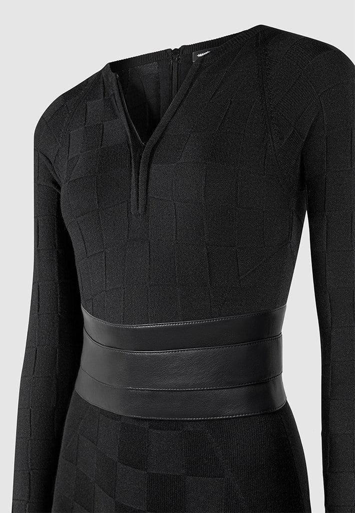 Chequerboard Knit Jumpsuit with Belt - Black Female Product Image