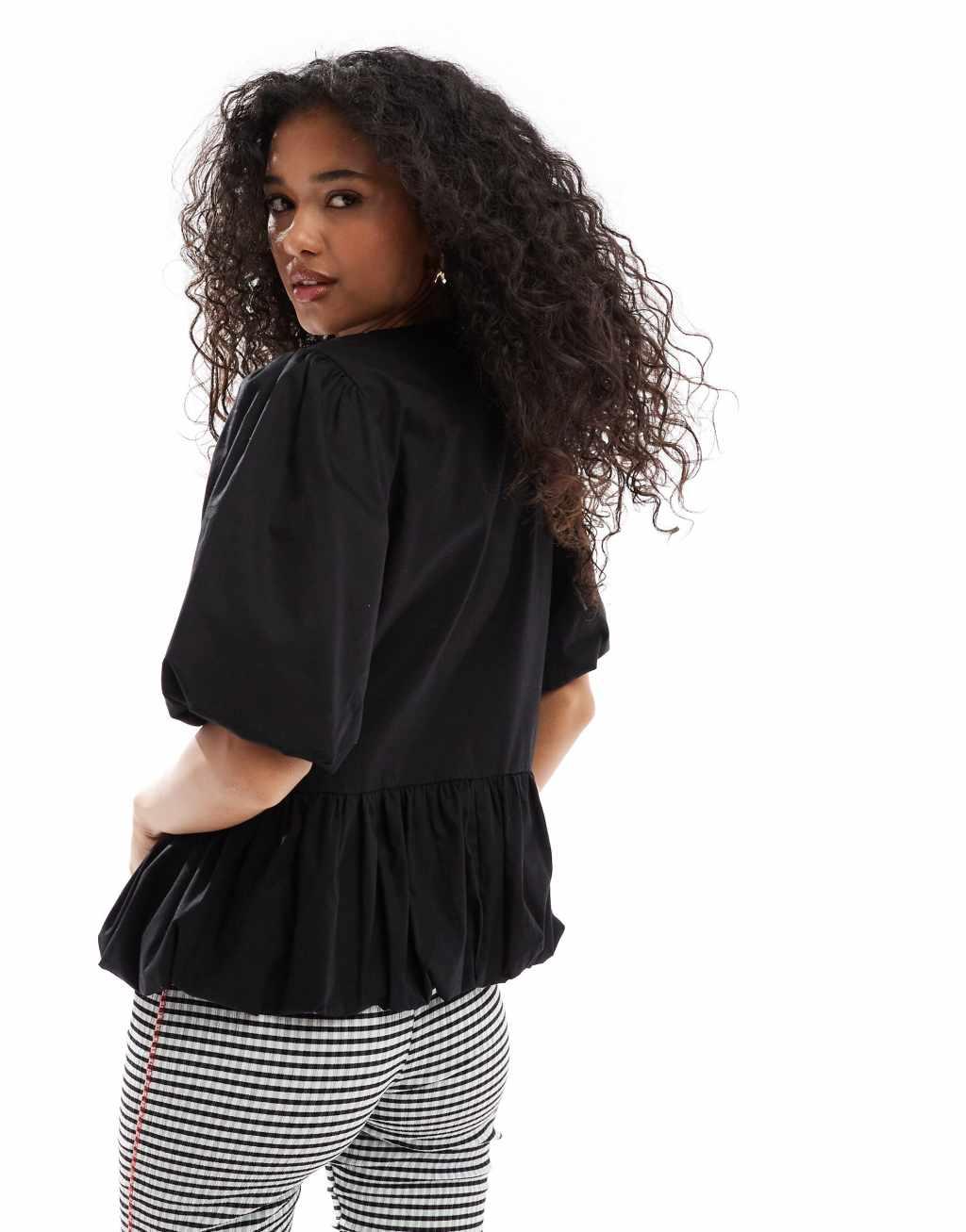 ASOS DESIGN cotton puff sleeve peplum top in black Product Image