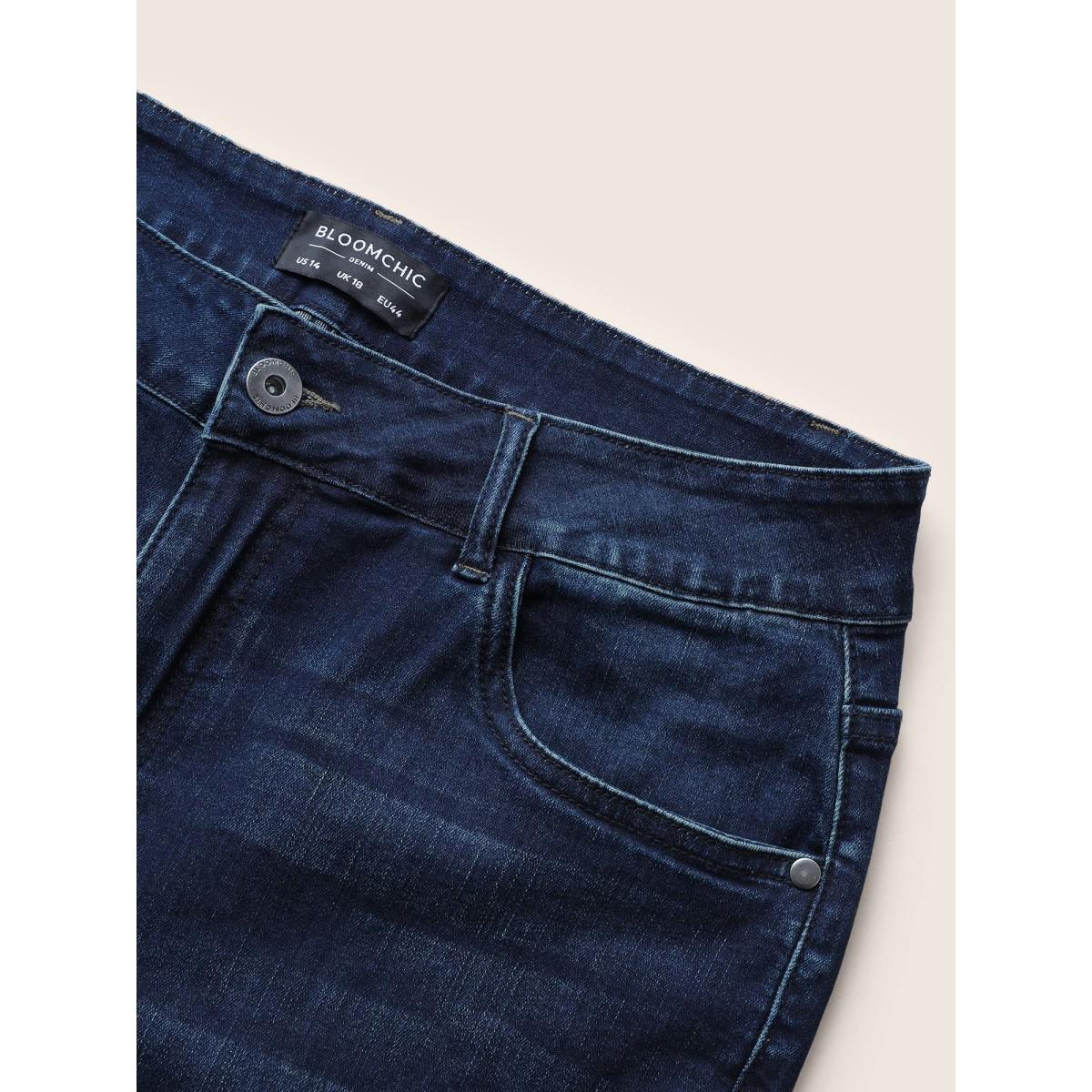 Plus Size Dark Wash Below The Knees Pocket Jeans Women Indigo Casual Plain Button High stretch Slanted pocket Jeans BloomChic 14/1X Product Image