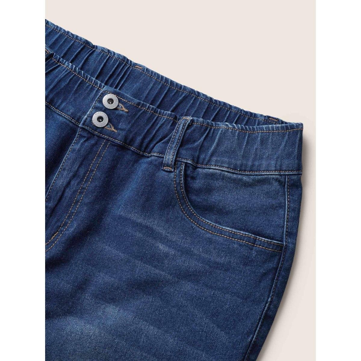 Plus Size Dark Wash Elastic Waist Split Side Jeans Women Blue Casual Slit High stretch Slanted pocket Jeans BloomChic 24/3X Product Image