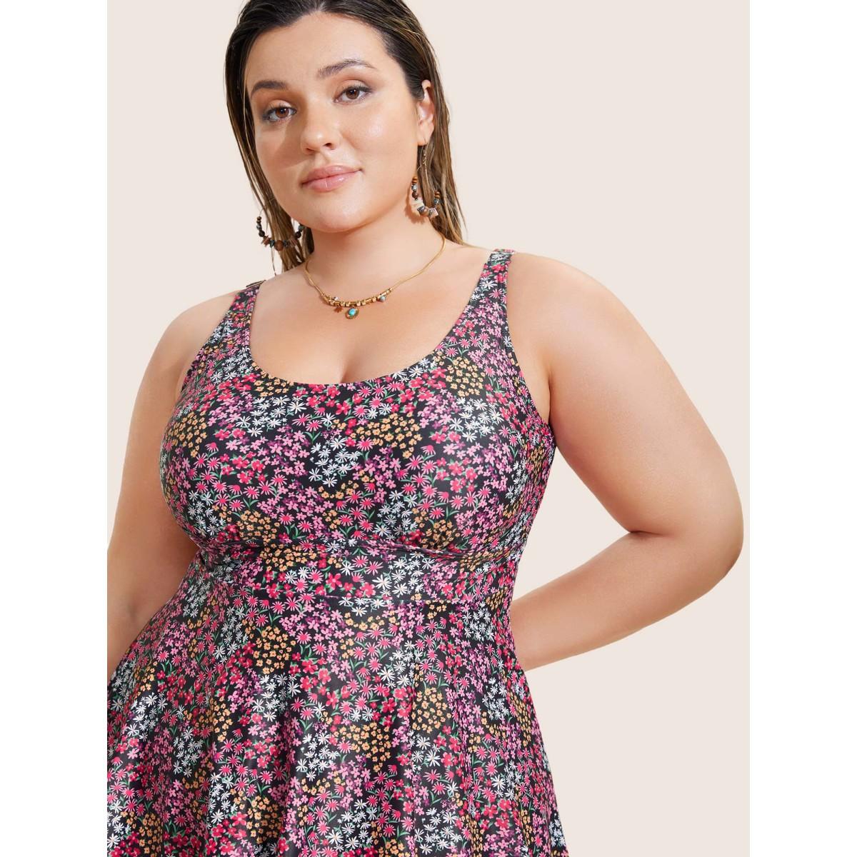 Plus Size Ditsy Floral U Neck High Rise Swim Dress Women's Swimwear Multicolor Beach Bodycon U-neck High stretch Curve Swim Dresses BloomChic 22-24/3X Product Image