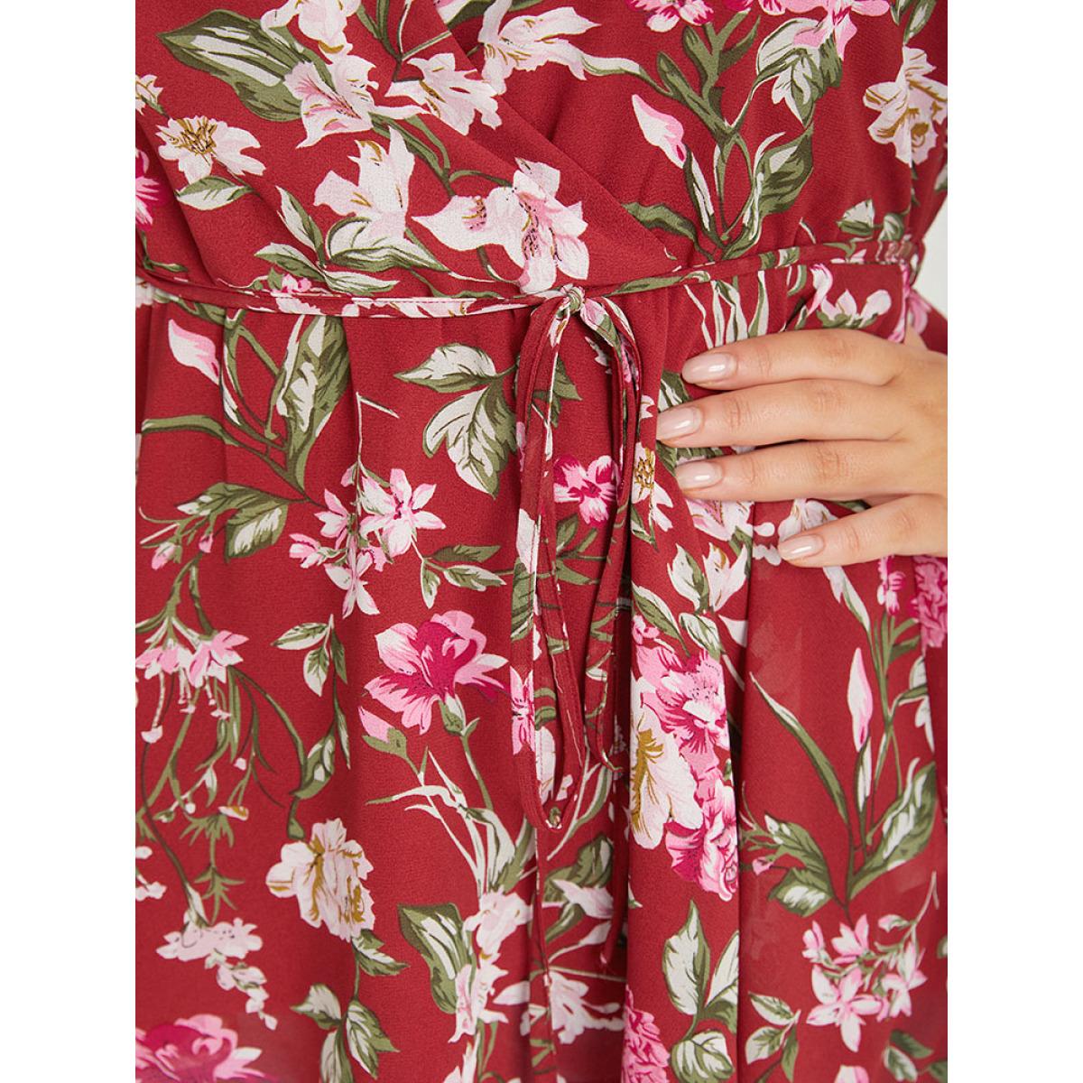 Plus Size Scarlet Floral Wrap Ruffle Sleeve Ties Blouse Women Elegant Short sleeve V-neck Dailywear Blouses BloomChic 28/5X Product Image