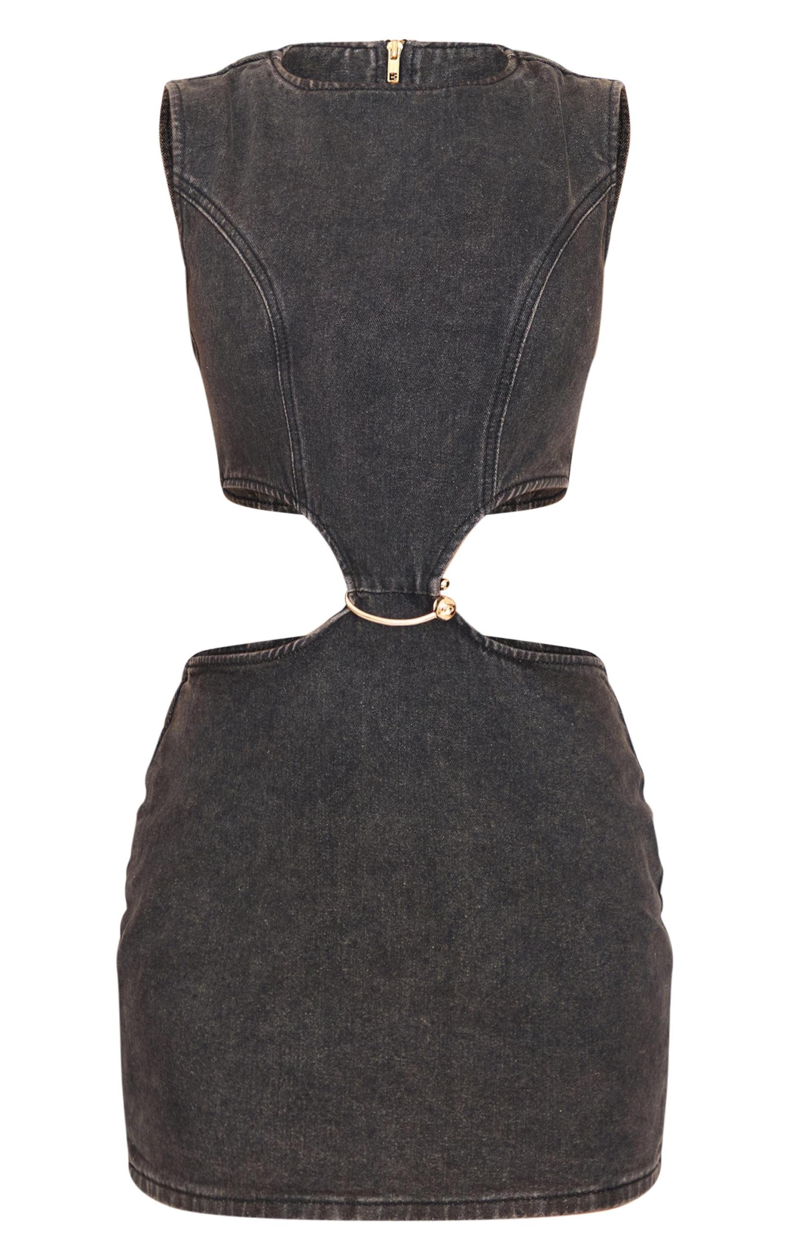 Grey Gold Cuff Detail Cut Out Denim Mini Dress Product Image