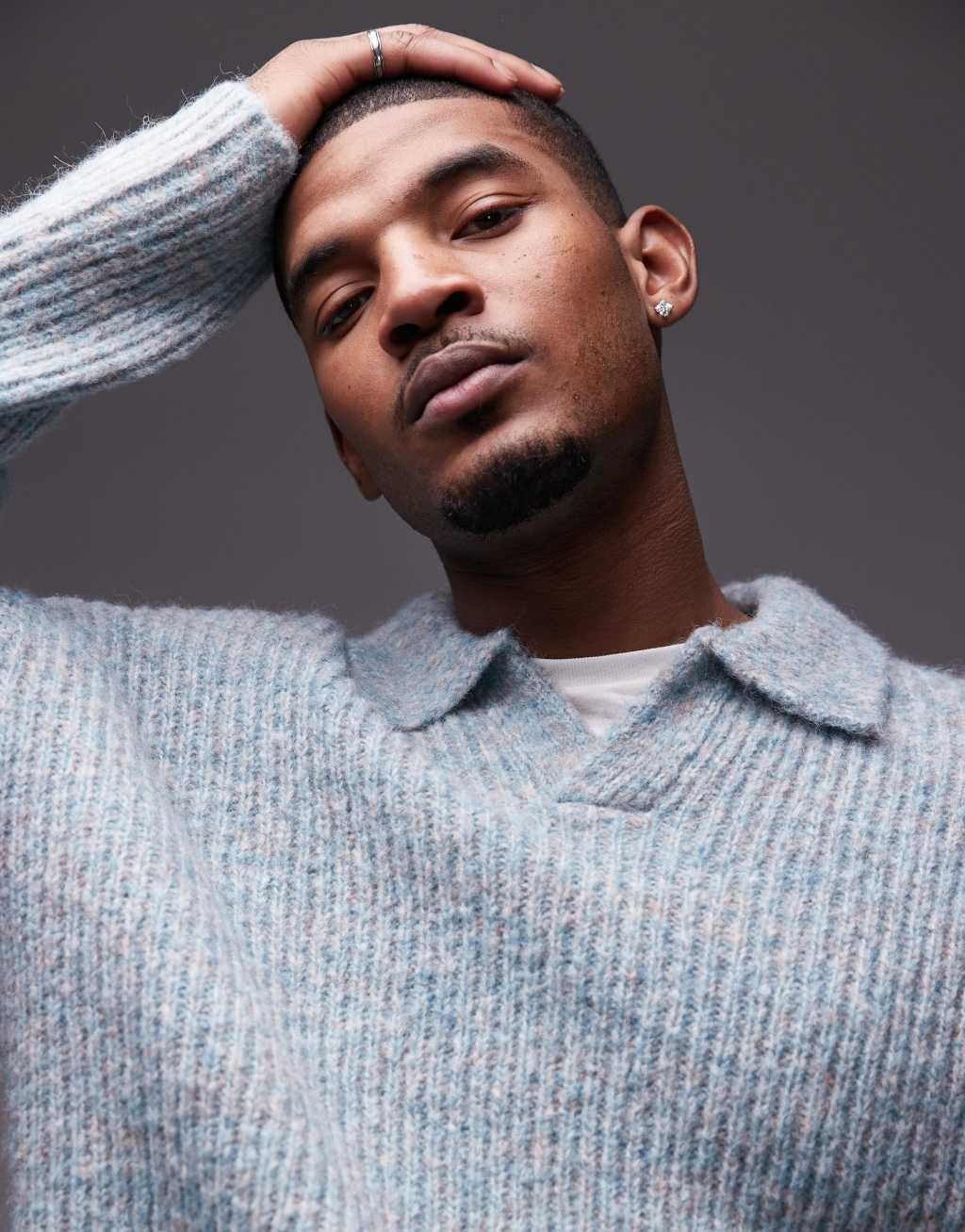 Topman relaxed open collar sweater in heather sage Product Image