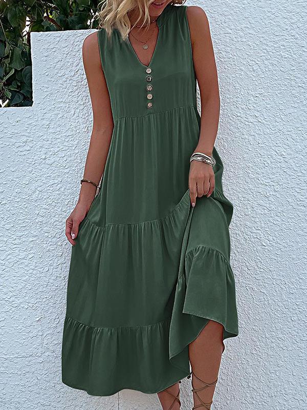 Loose Sleeveless Pleated Split-Joint V-Neck Midi Dresses Product Image