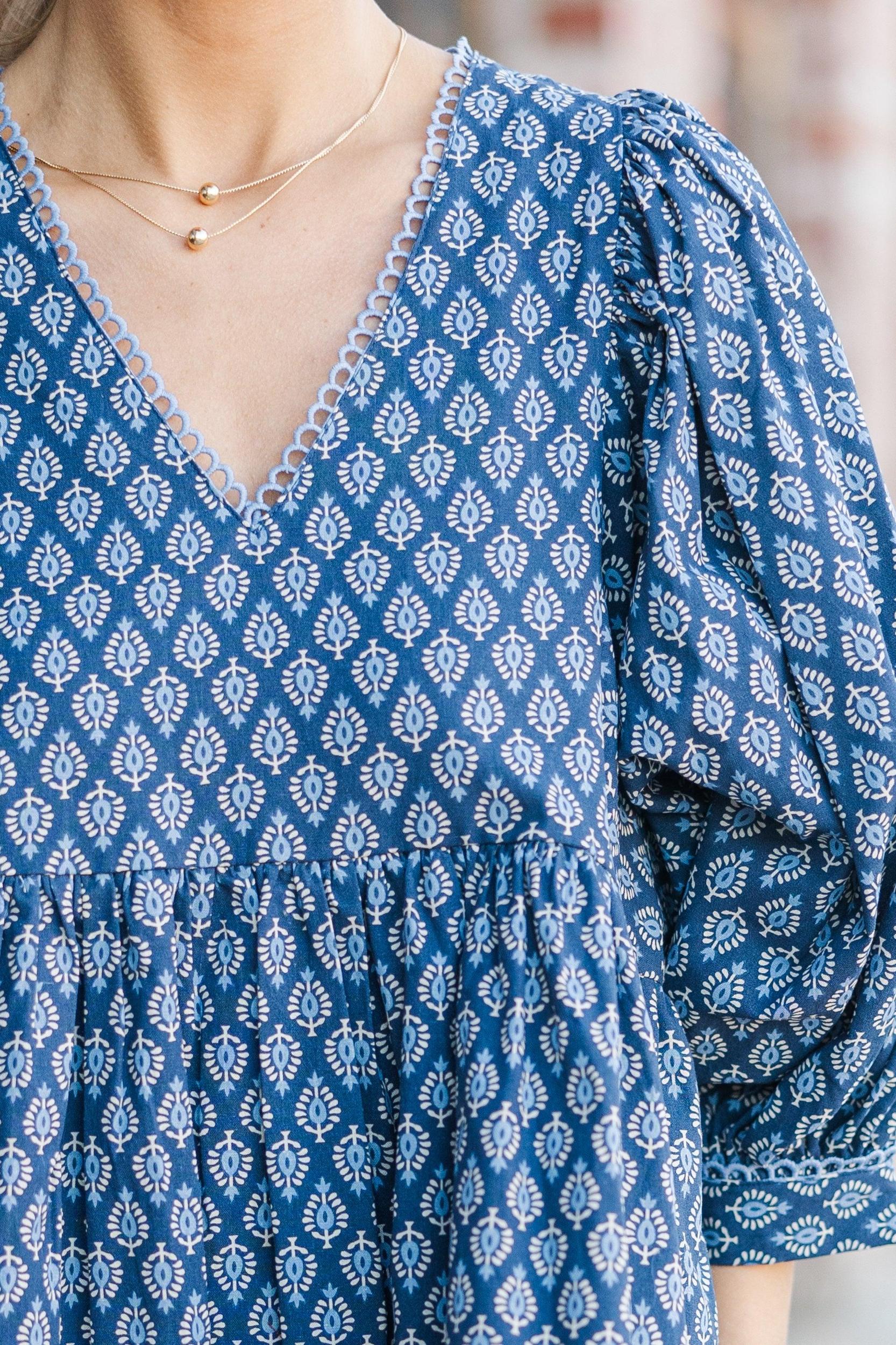 Moving Forward Denim Blue Medallion Dress Female Product Image