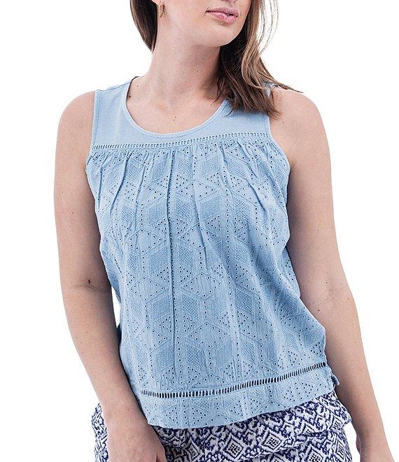 Aventura Shelle Schiffli Organic Cotton Embroidered Eyelet Scoop Neck Ladder Lace Trim Tank Top Product Image