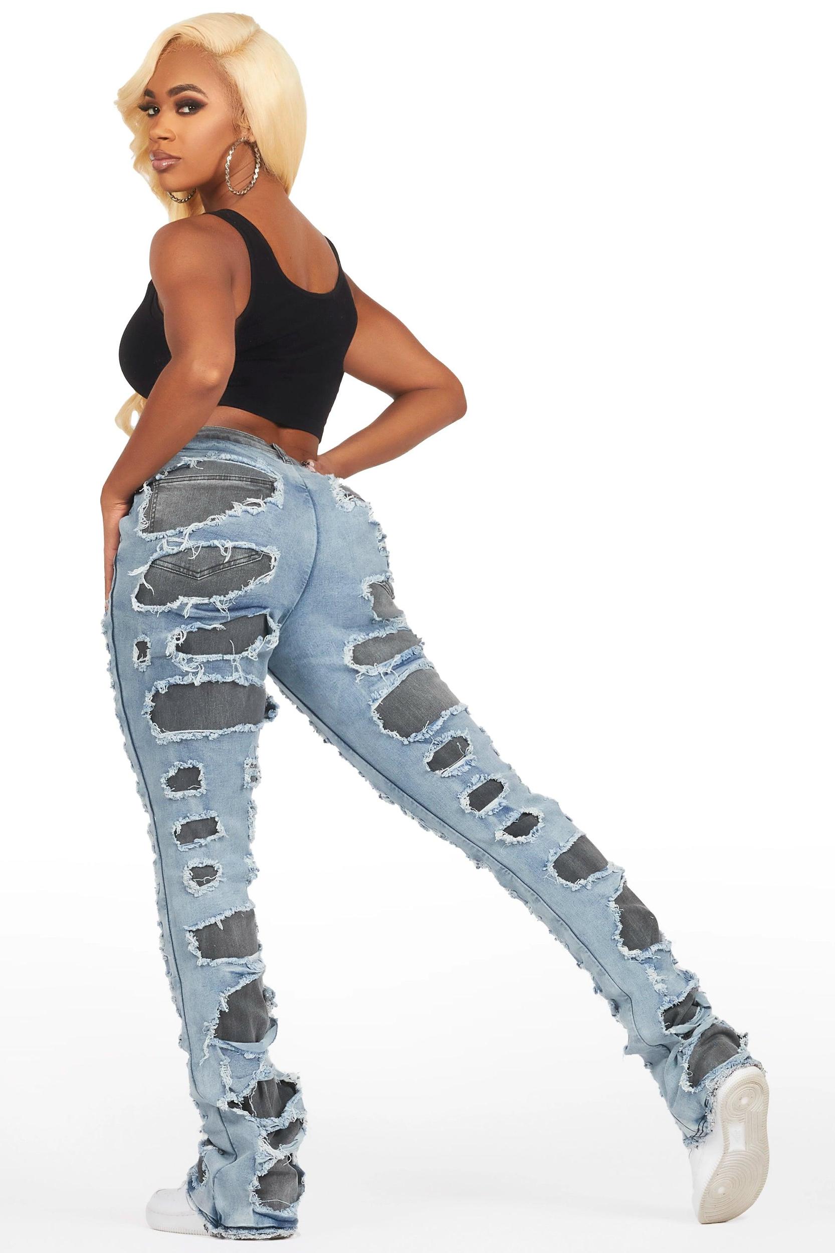 Jaidynn Blue/Black Distressed Stacked Flare Jean Female Product Image