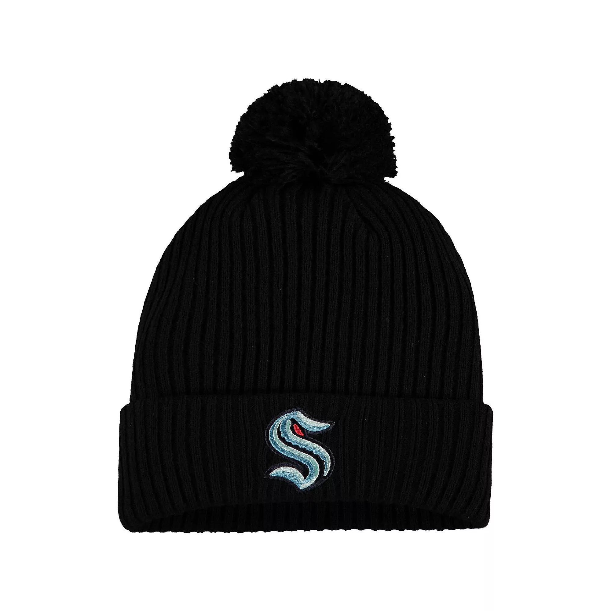 Men's Fanatics Branded Black Seattle Kraken Primary Logo Cuffed Knit Hat with Pom, Krk Black Product Image