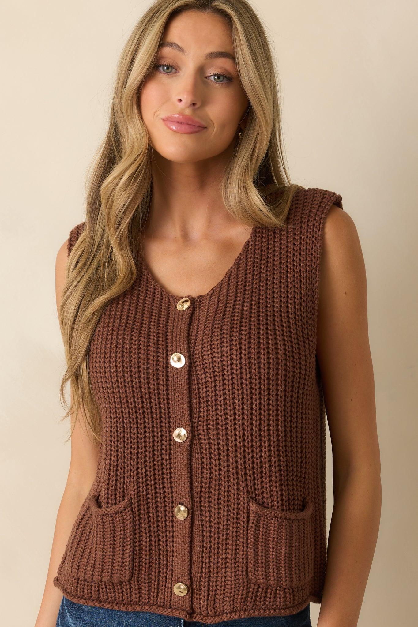 Without Hesitation Brown Knit Button Front Sweater Vest Product Image