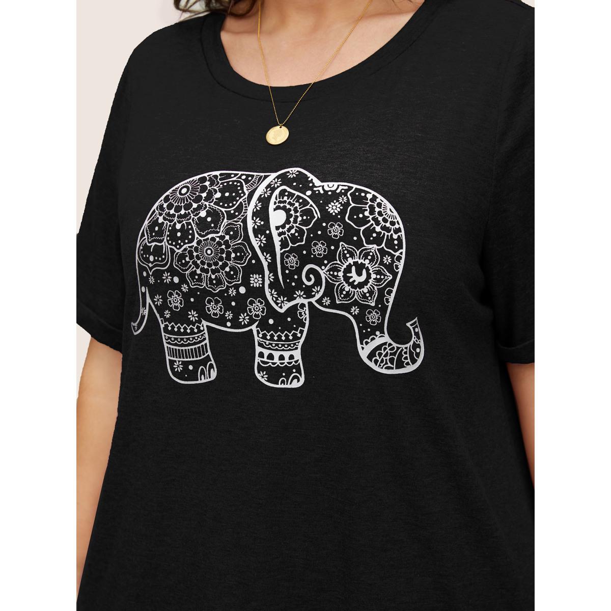 Plus Size Art & Design Elephant Print T-shirt Black Women Casual Non Art&design Round Neck Everyday T-shirts BloomChic 12/L Product Image