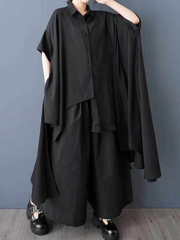 A-Line Half Sleeves Asymmetric Buttoned Pockets Solid Color Lapel Midi Dresses Shirt Dress Product Image