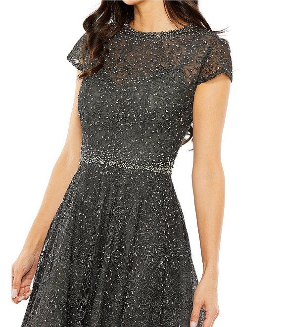 Mac Duggal Crew Neck Cap Sleeve Embellished A-Line Dress Product Image
