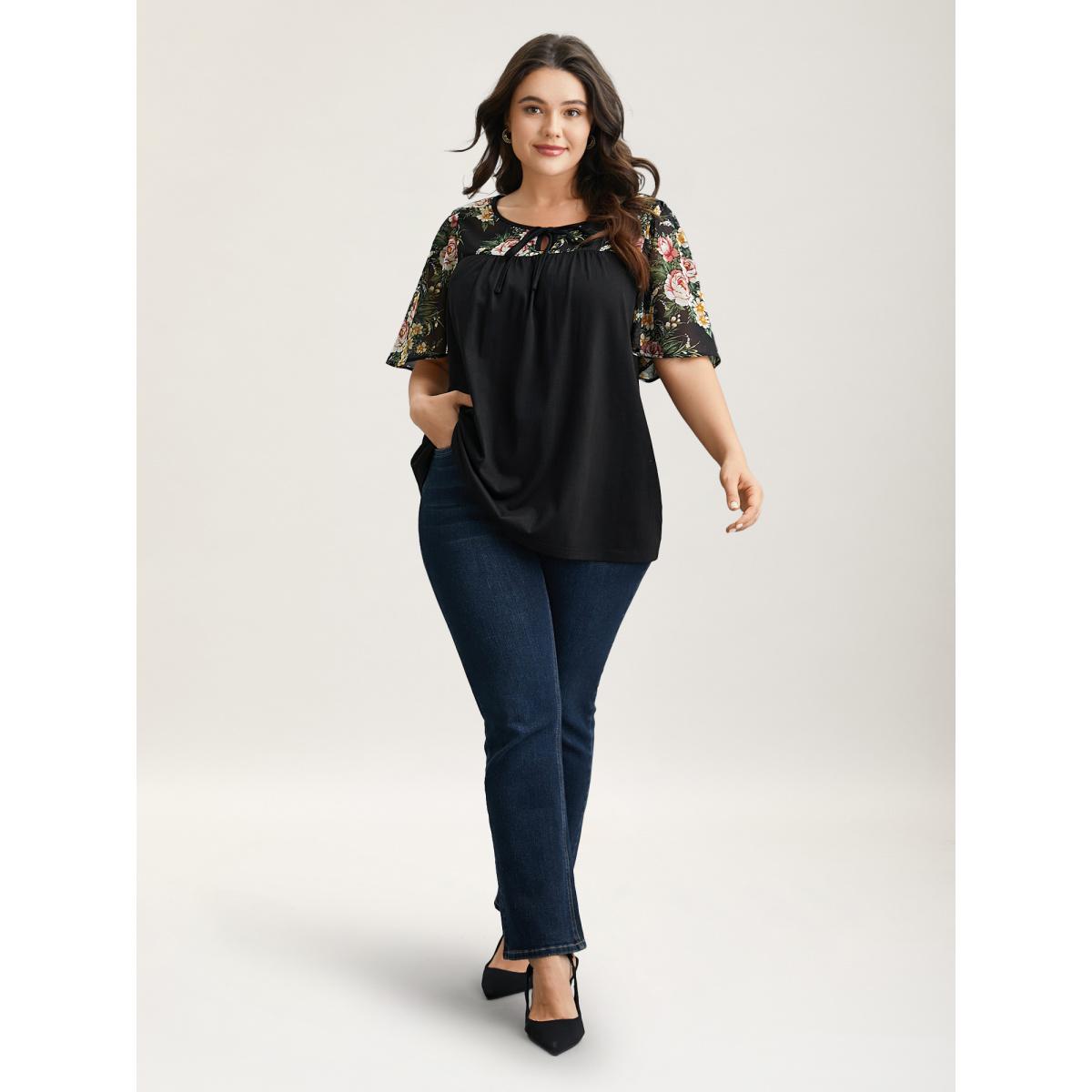 Plus Size Floral Print Spliced Neck-Tie T-Shirt Black Women Elegant Tie knot Natural Flowers Round Neck Everyday T-shirts BloomChic 12/L Product Image