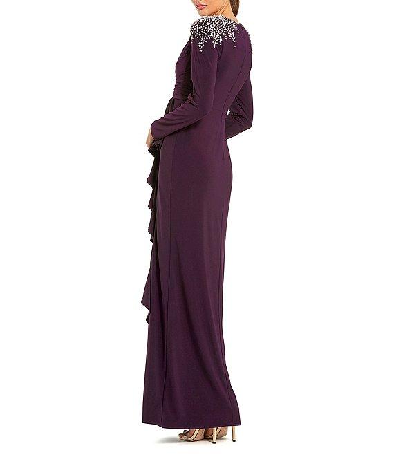 Mac Duggal Jersey Knit V-Neck Long Sleeves Beaded Shoulder Ruffle Sheath Gown Product Image