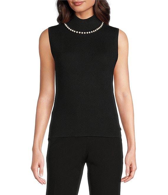 KARL LAGERFELD PARIS Knit Mock Neck Sleeveless Pearl Detail Top Product Image