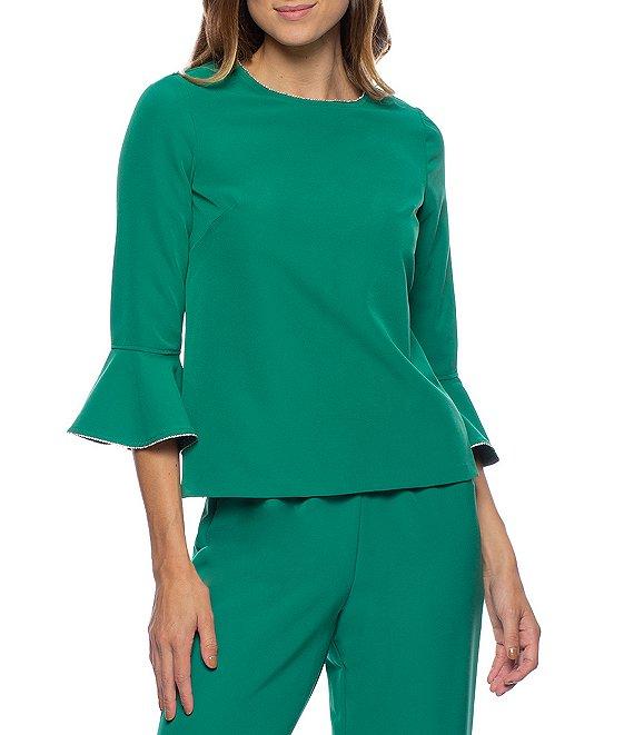 Marina Crew Neck 3/4 Bell Sleeve Rhinestone Trim 2-Piece Pant Set Product Image