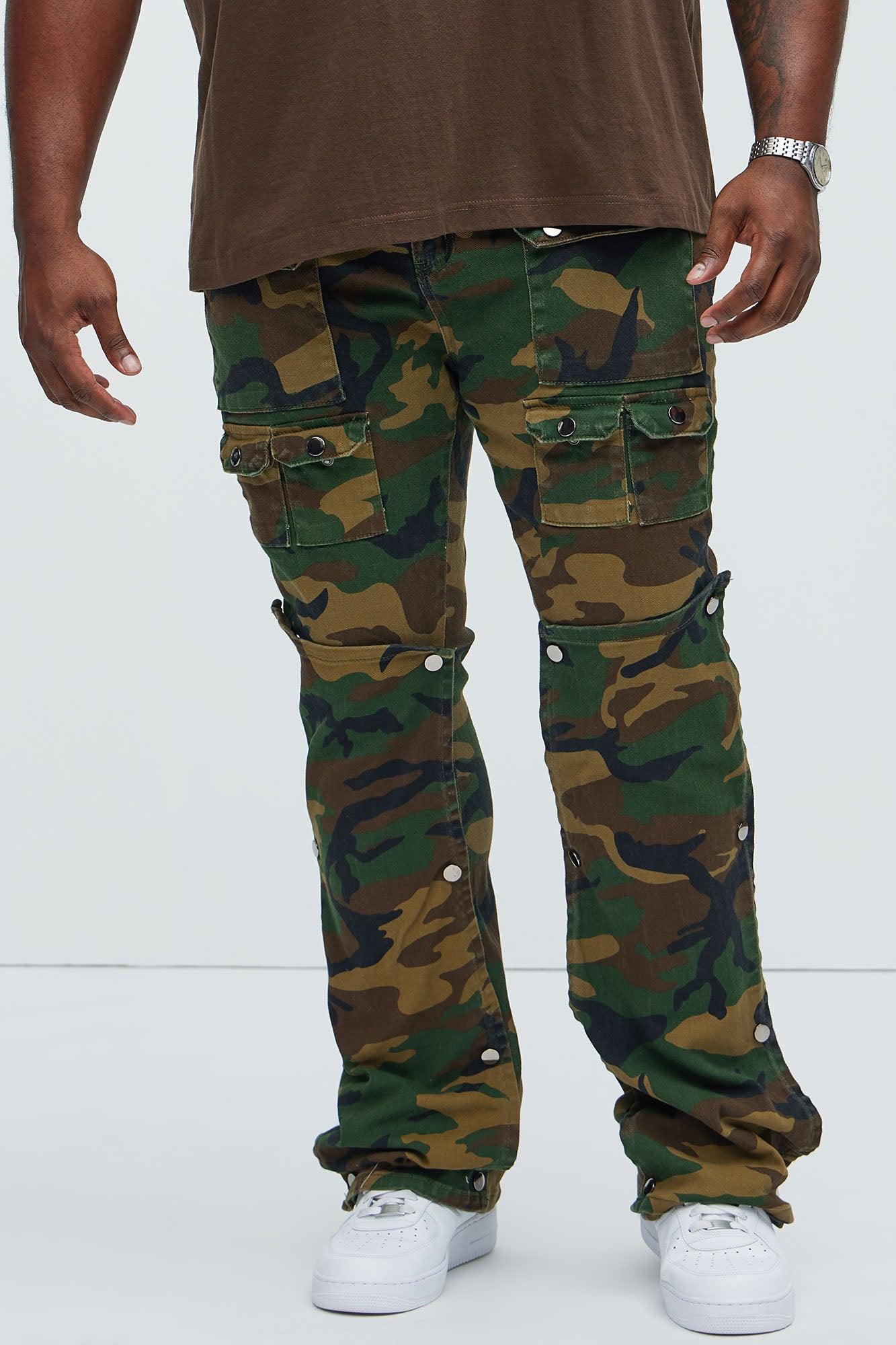 Utility Snap Pockets Slim Flare Pants - Camouflage Product Image