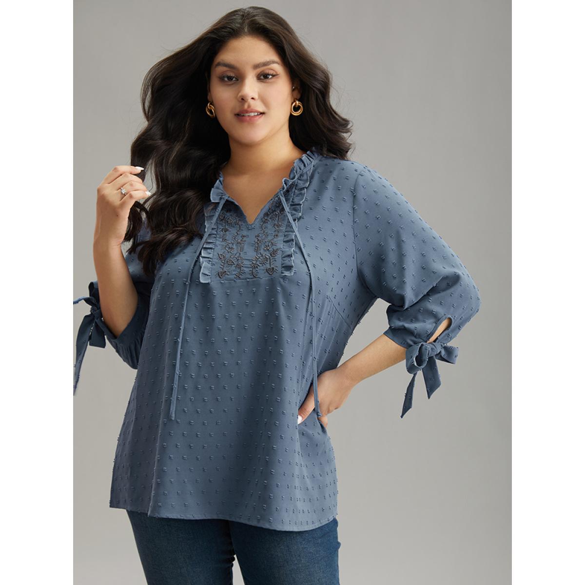 Plus Size Stone Textured Embroidered Frill Trim Tie Neck Blouse Women Vacation Long Sleeve Tie Neck Dailywear Blouses BloomChic 28/5X Product Image